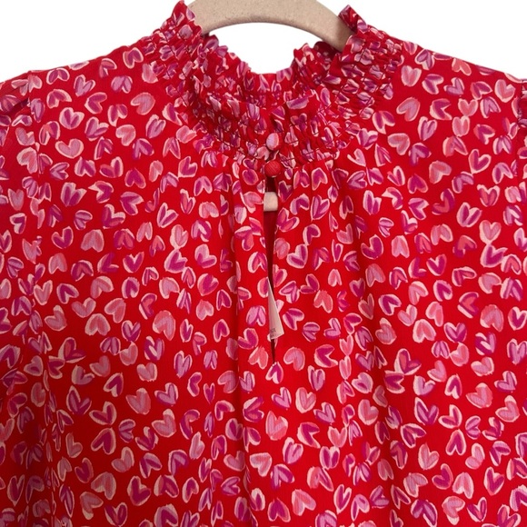 J. Crew Smocked keyhole top Red Pink Heart Medium blouse Top Ruffle. Size Small. - Picture 3 of 6